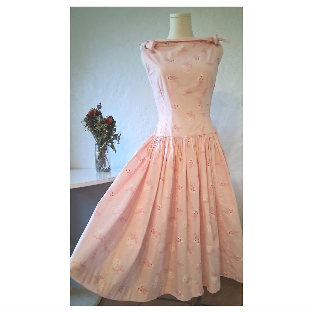 SOLD 1950s Vintage Pink Floral Bow Detail Party Dress Midi Coquette Cottage Core